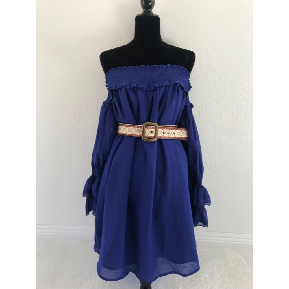 Blue Vasna Off the Shoulder Long Sleeve Dress
